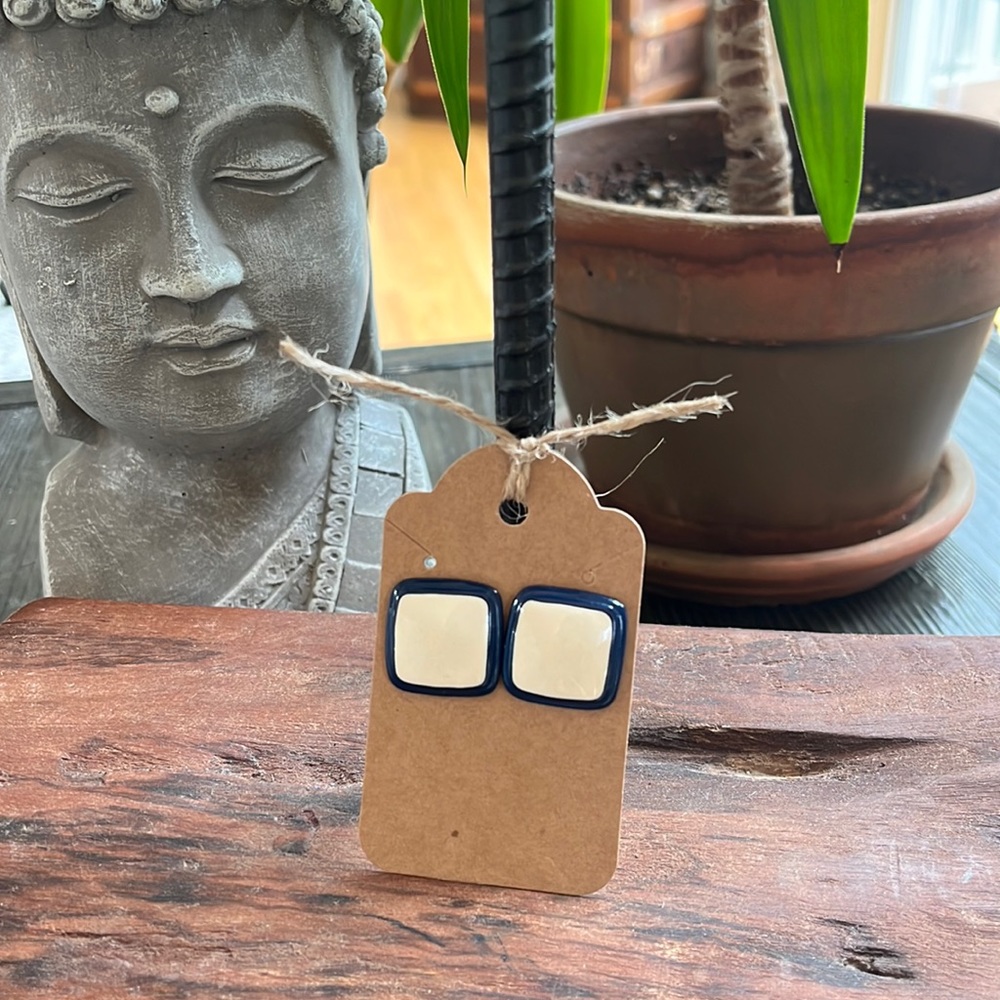 Vintage navy and cream square enamel earrings